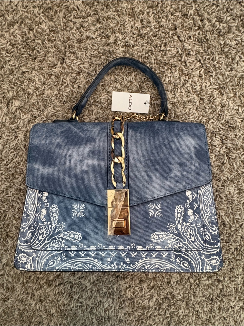 Aldo Blue Bandana-Print Top-Handle Satchel with Gold Chain